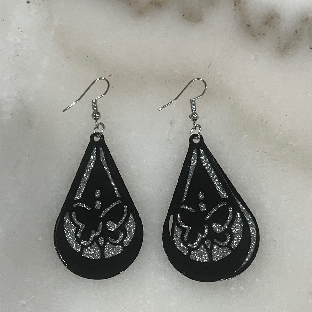Black Teardrop Dangle Earrings Silver Glitter Filigree Lightweight Boho Chic